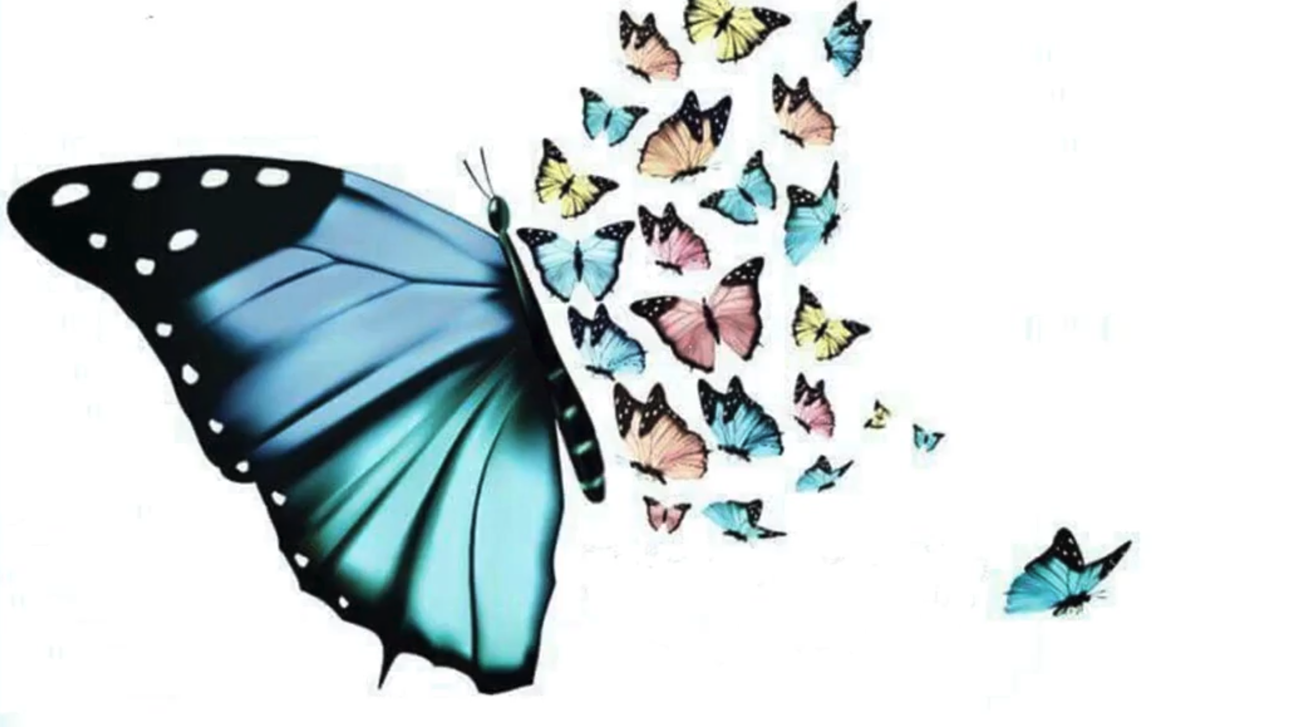 Illustration of a large blue butterfly with smaller colorful butterflies flying outward in shades of pink, yellow, and blue.